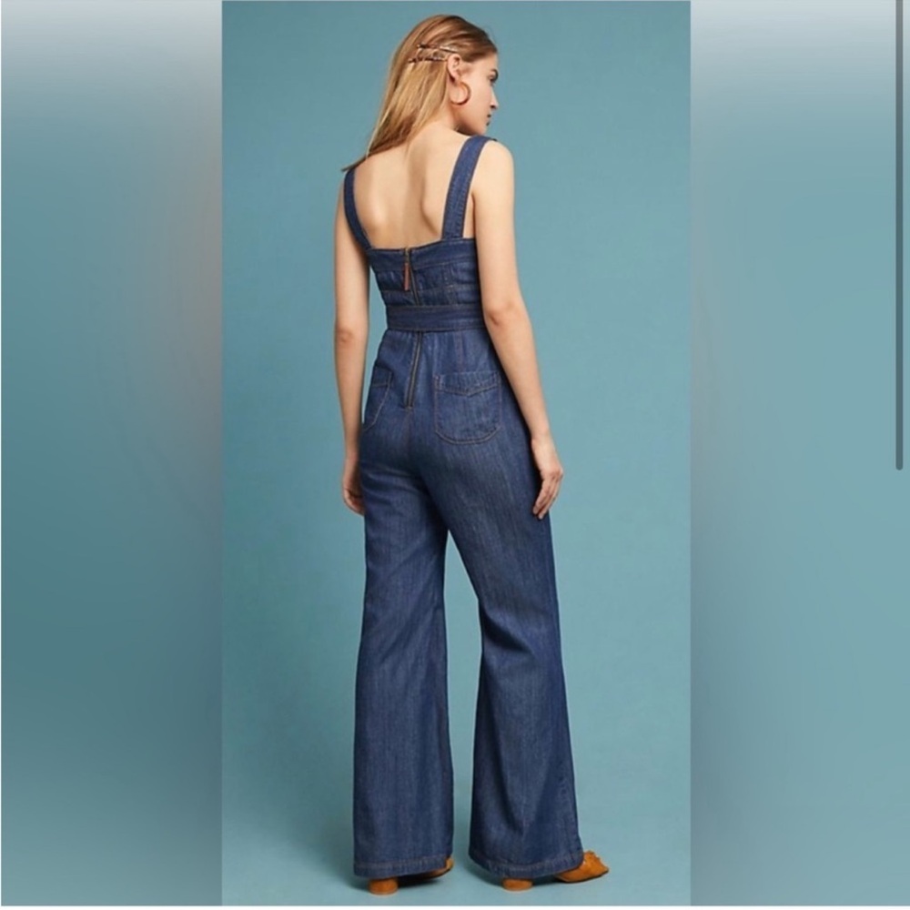 NWOT Anthropologie Ettitwa Denim Blue Jean Wide Leg Retro Overall Jumpsuit 6